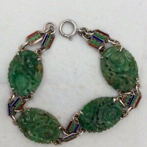 Sterling Silver Carved Jade Enamel Bracelet 6.25" 12.1 Grams